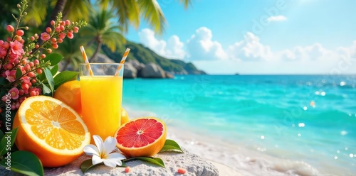 Vibrant summer scene featuring sun-drenched citrus fruits, blooming flowers, and a refreshing turquoise sea, evoking feelings of warmth, joy, and carefree summer days , exotic, sunshine