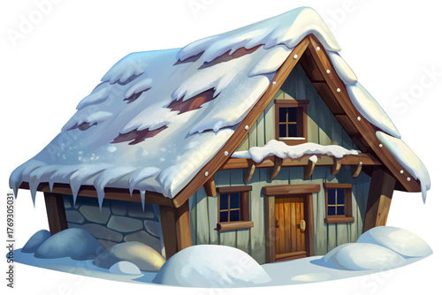 Rustic mountain cabin roof covered vector illustration with snow symbolizing shelter and quiet in winter