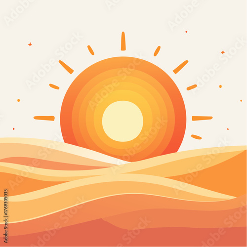 Soleil couchant stylisé isolé sur horizon désertique