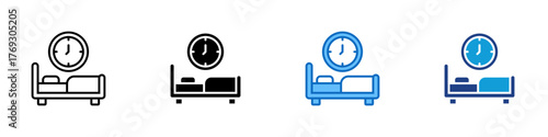 Sleep Routine Multiple Style Icon Design Vector - bed with a clock above it representing healthy sleep habits, bedtime, and rest management