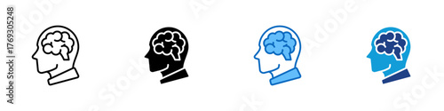 Brain Thinking Multiple Style Icon Design Vector - human head with a visible brain symbolizing creativity, intelligence, and mental process