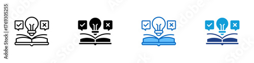 Decision Learning Multiple Style Icon Design Vector - Open book with a lightbulb and check or cross signs, representing decision-making through study or learning
