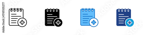 Add Note Multiple Style Icon Design Vector - Notebook with plus sign, representing adding new note, document creation, or journal entry