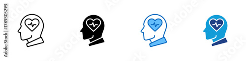 Emotional Health Multiple Style Icon Design Vector - head with a heart and heartbeat inside, representing emotional well-being, empathy, and mindfulness