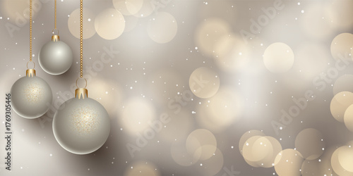 Christmas banner with decorative hanging baubles on bokeh design 