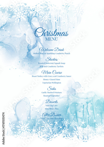 Christmas menu with hand painted snowy watercolour design 