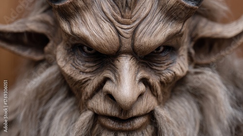 Detailed close-up of mythical satyr creature with horns and intense expression, Krampusnacht