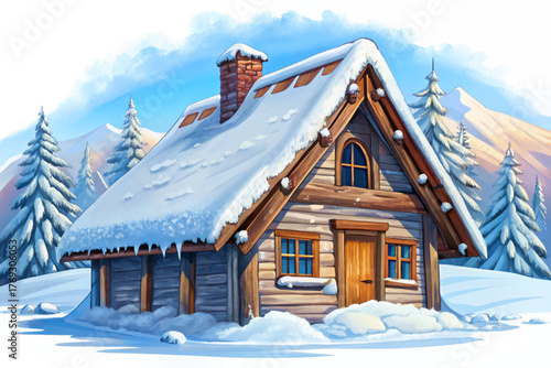 Rustic mountain cabin roof covered vector illustration with snow symbolizing shelter and quiet in winter