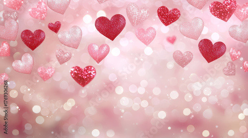 Glittering pink and red hearts scattered against a soft bokeh-filled pink background.