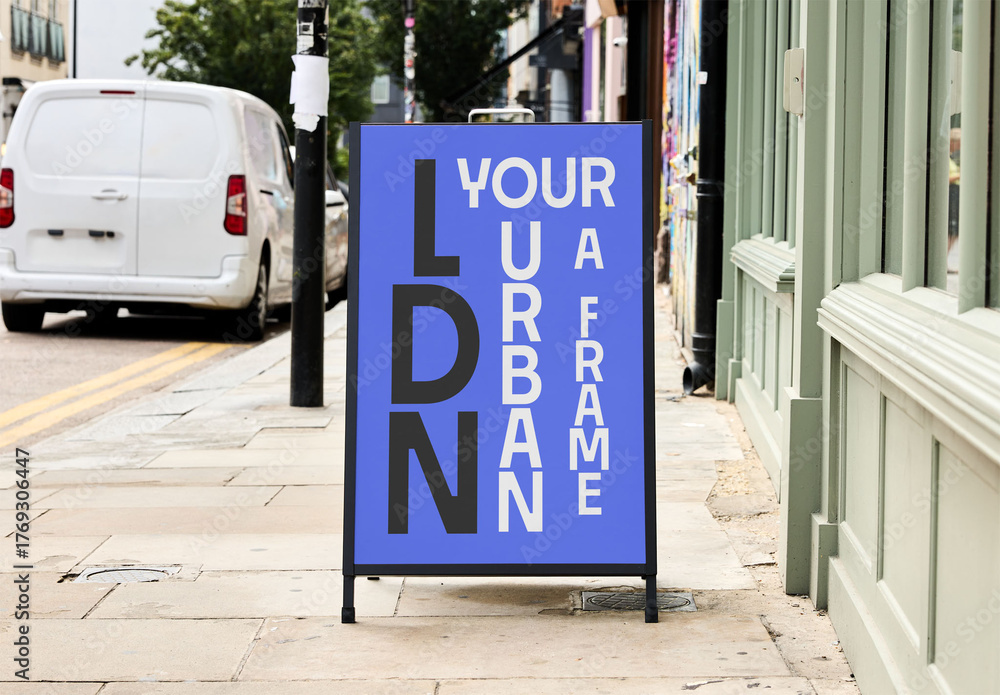 Street A-frame stands on a sidewalk in London Stock Template | Adobe Stock