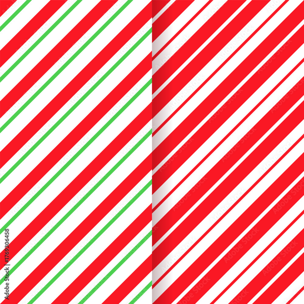 Naklejka premium Red green wrapping texture. Candy cane seamless background. Christmas striped pattern. Vector. Xmas holiday diagonal stripes. Set of cute caramel package prints. Geometric illustration.