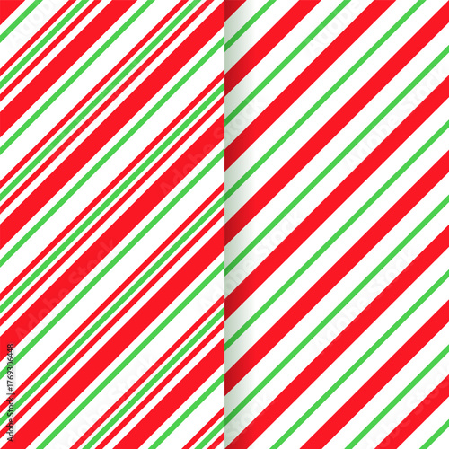 Set caramel package prints. Candy cane stripe pattern. Seamless Christmas texture. Vector. Red green peppermint wrapping paper. Xmas holiday background with diagonal lines. Geometric illustration.