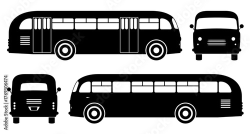 Black and white vector icons of a vintage bus shown from different angles - side, front and rear view. Simple, clean silhouette style for easy use in design projects.