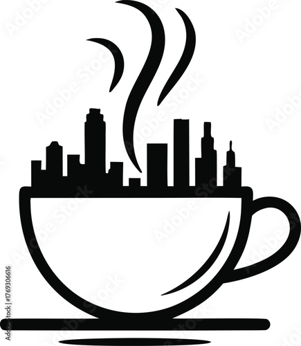 Coffee Cup with Rising City Skyline Outline
