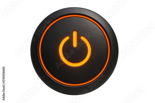 Power button glowing orange, symbolizing turning on, starting technology, and energy control on transparent background