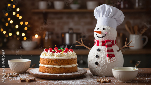 Snowman chef with cake and teacups in holiday kitchen