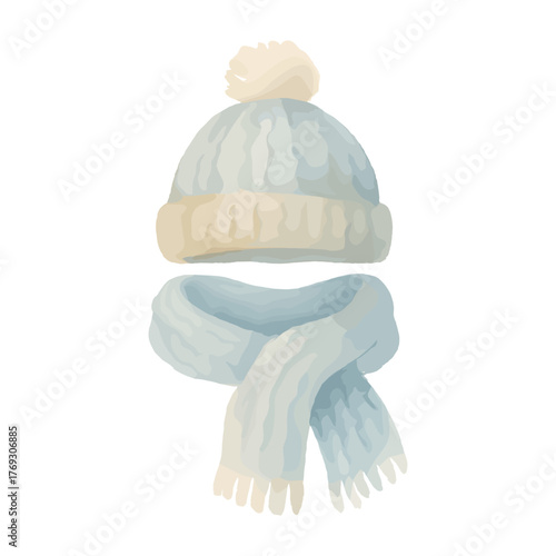 Watercolor Style Winter Hat with Pom Pom and Scarf, Cozy Accessories for Cold Weather and Holidays