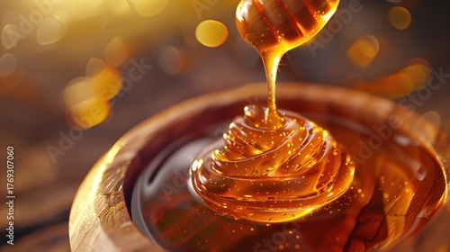 Ultra-realistic close-up macro photography of shilajit honey drop falling from wooden honey dipper, capturing mid-air moment, rich amber color, textural details, blurred natural background