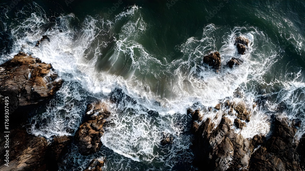Obraz premium Aerial view of rugged rocks along a coastline with white waves crashing onto them. Concept Aerial coastal landscape, Rugged rocks, White waves crashing, Dramatic seascape from above