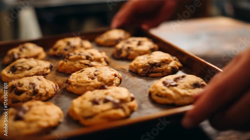 Freshly baked chocolate chip cookies cooling on a tray while a baker's hands gently handle the tray in a warm kitchen atmosphere, with a rustic background and soft lighting