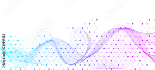Molecular abstract structure and genetic engineering DNA. Healthcare and medicine background concept. Scientific research background. Wave flow. Innovation pattern. Vector illustration.