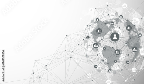 Global network connection concept. Big data visualization. Social network communication in the global computer networks. Internet technology. Business. Science. Vector illustration