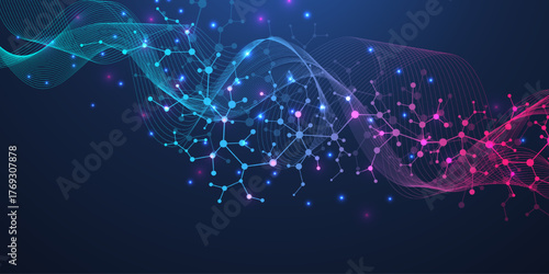 Molecular abstract structure and genetic engineering DNA. Healthcare and medicine background concept. Scientific research background. Wave flow. Innovation pattern. Vector illustration.