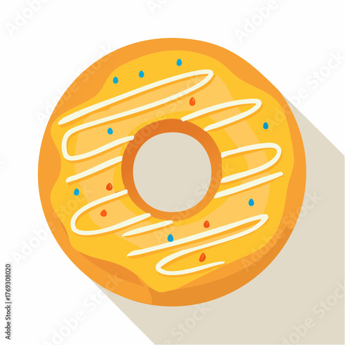 A flat vector illustration of a glazed doughnut with a creamy topping and colorful sprinkles