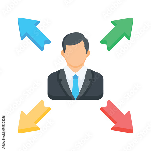 Businessman with directional arrows representing decision making and leadership