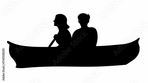 Silhouette of couple canoeing together, serene lake adventure, romantic getaway, outdoors recreation
