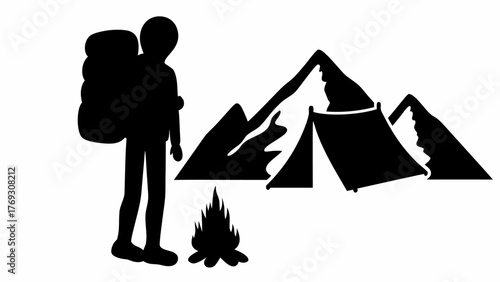 Silhouette of a lone hiker with tent and campfire near mountains for travel adventure