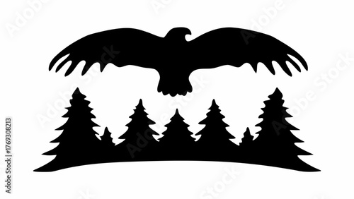 Majestic eagle soaring above a forest of pine trees, a symbol of freedom and wilderness adventure