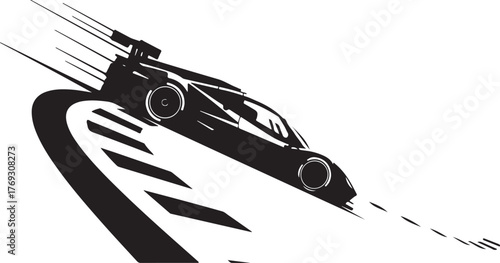 Dynamic Black and White Illustration of a High-Speed Car Cornering