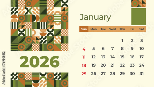 January 2026 calendar template with beautiful geometric design