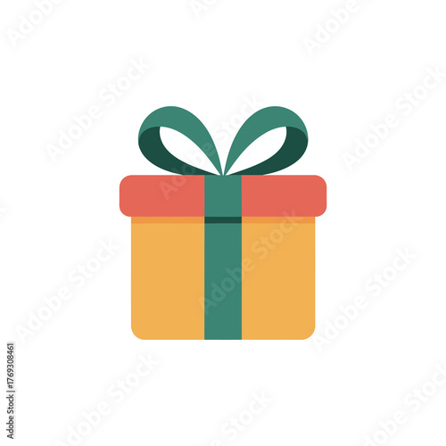A brightly colored orange gift box with a red lid and green ribbon on a white background