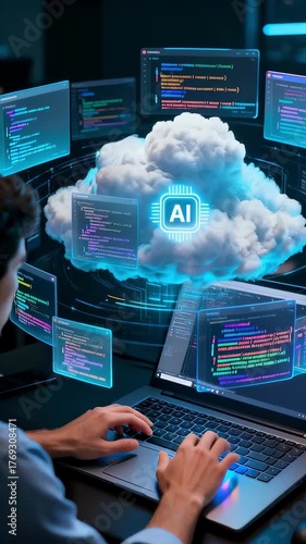 An ai cloud computing machine learning data science software development programming code developer laptop dashboard interface cyber security analytics automation digital network server database
