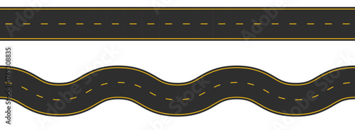 Road pattern vector brush. Top View of Straight and Wavy Asphalt Roads with Yellow Markings.