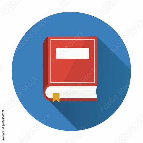 Classic red book illustration with long shadow on vibrant blue background creating visual depth