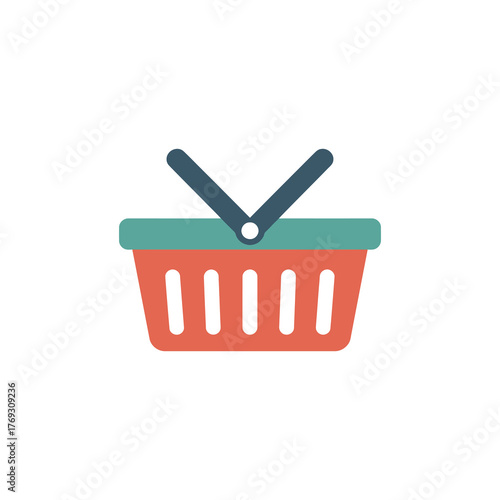 A colorful flat design shopping basket icon in red and teal with dark blue handles