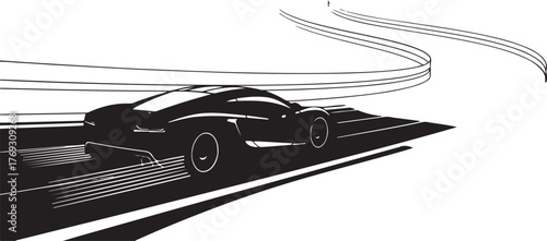 Sleek Sportscar in Motion on Road, Dynamic Monochrome Illustration