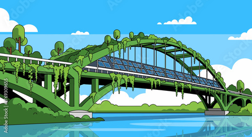 Cartoon Bridge Overgrown With Foliage Against A Blue Sky