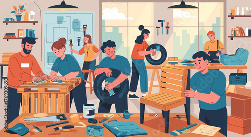 Collaborative Workshop Team Engaged In Creative Upcycling Projects Together