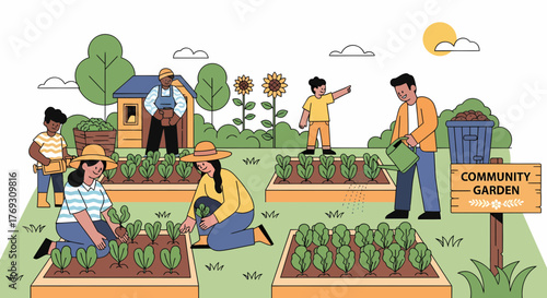 Diverse Community Working Together In A Vibrant Garden Illustration