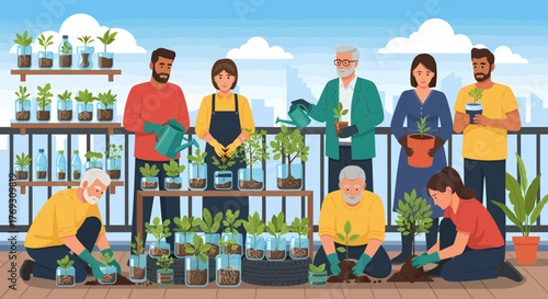 Diverse Community Gardening Together On Urban Balcony For Sustainable Living