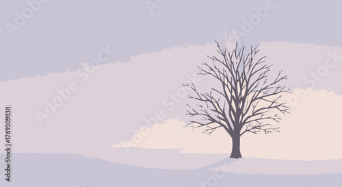 Winter Solstice: Minimalist Illustration of a Lone Tree in a Snow-Covered Field at Sunset