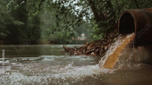 Wallpaper Mural Brown water streams out of a pipe into a river while trees and debris line the banks, highlighting the impact of pollution on nature Torontodigital.ca