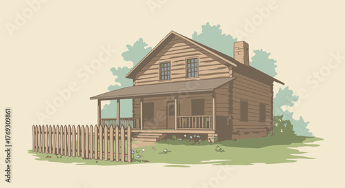Cozy Cabin Illustration with Picket Fence and Summer Flowers