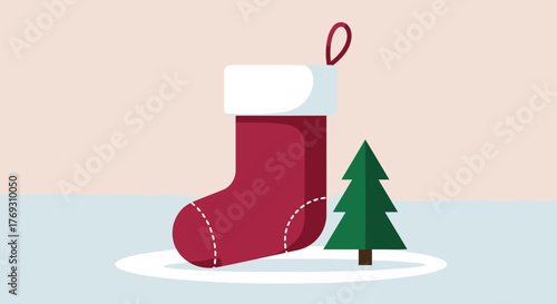 Festive Christmas Stocking with Tree Illustration on Light Background