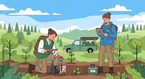 Ecological Team Planting Saplings And Monitoring Growth In An Outdoor Landscape