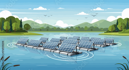 Floating Solar Panels On Water Body With Forest Background